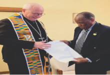 Sir Assorow presenting the request to Archbishop Baturi (wearing the stole) the Ambassador presented to him
